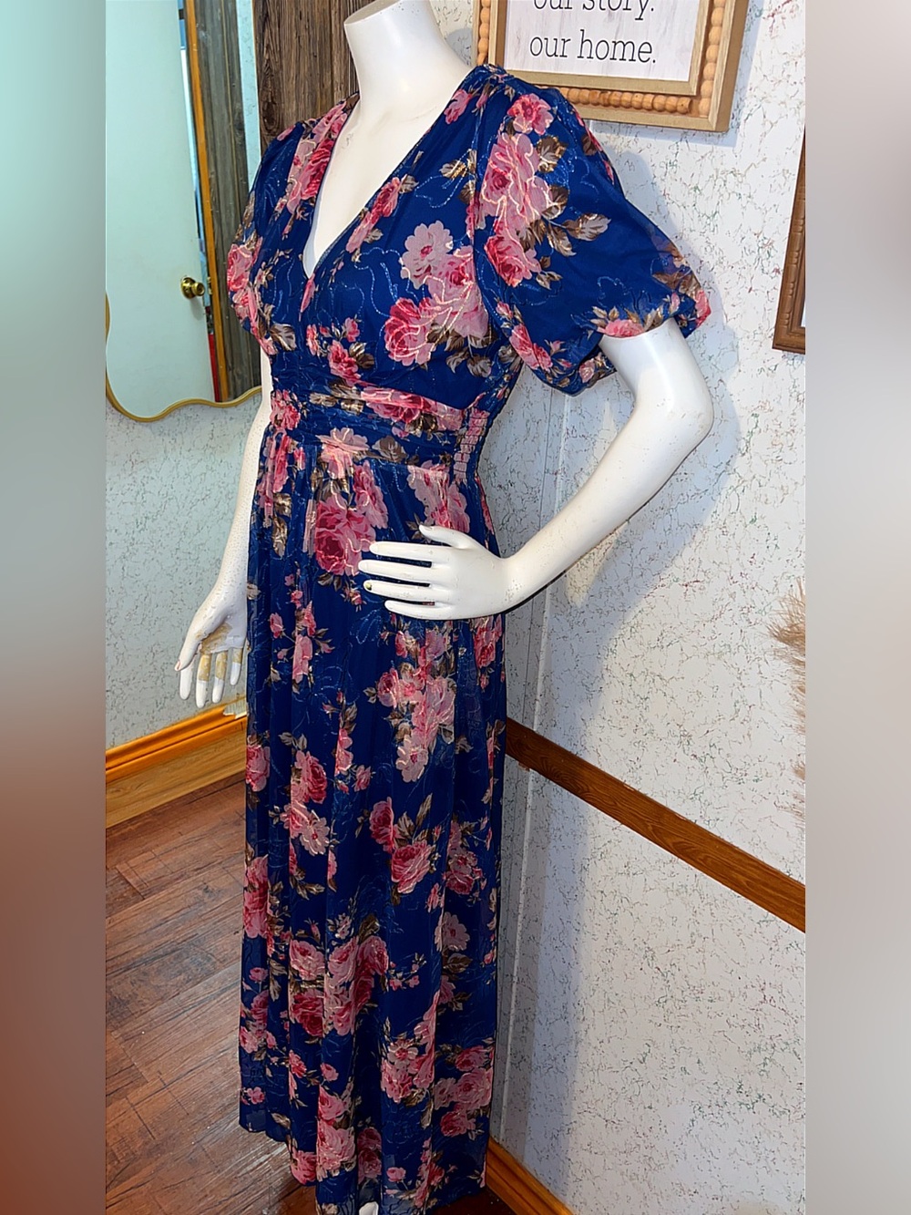Baltic Born Navy Floral Maxi Dress Pink Roses V Neck Puff Sleeve Size M